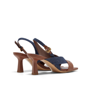 Denim and Calf Leather High Heel Sandals