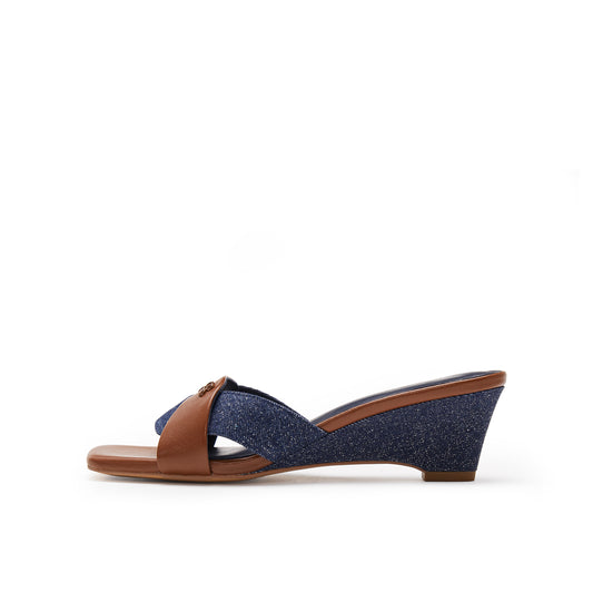 Denim and Calf Leather Wedge