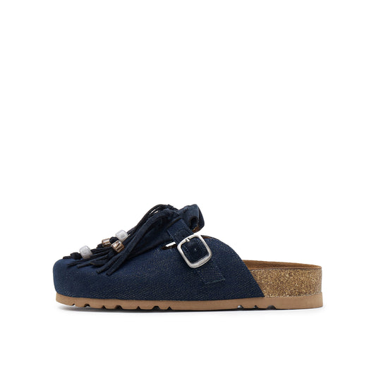 Denim Mules with Fringes