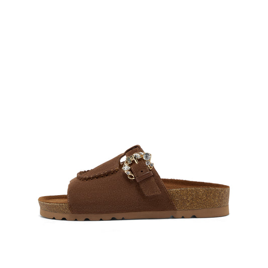 Embellished Buckle Calf Split Slippers