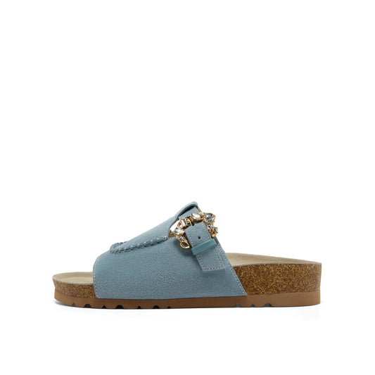 Embellished Buckle Calf Split Slippers