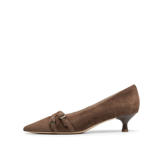 Double-buckle Kid Suede Pump