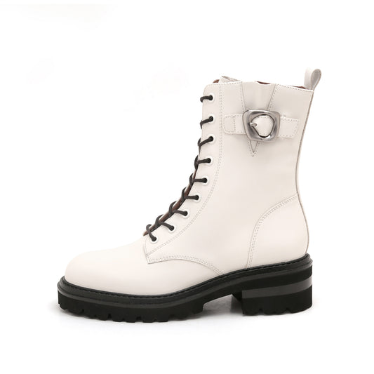 Metal Buckle Calf Leather Combat Boots