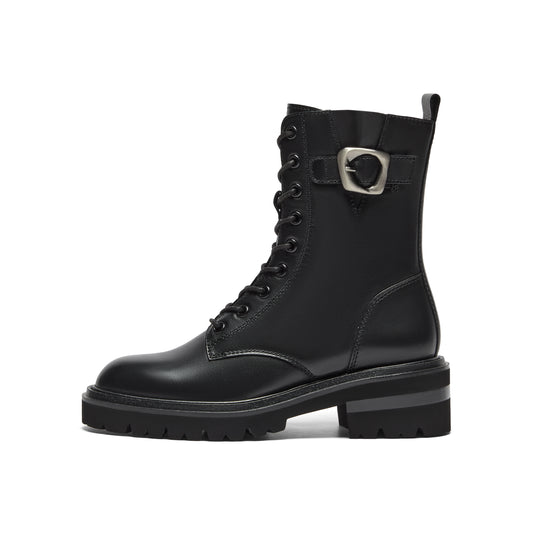Metal Buckle Calf Leather Combat Boots