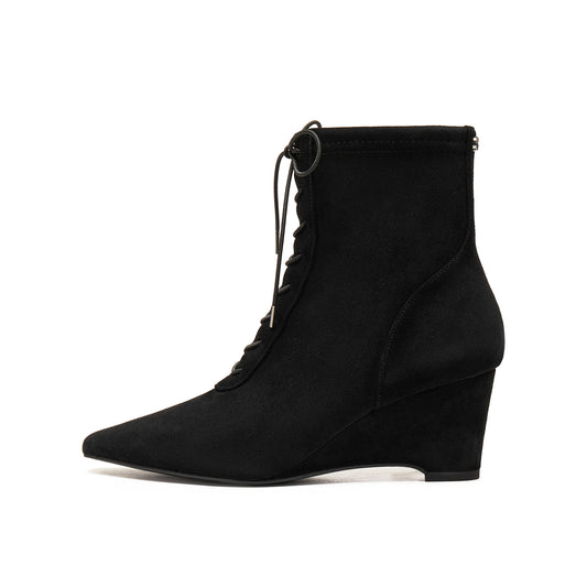 Stretch Kid Suede Wedge Short Boots