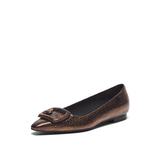 Metallic Leather Square Buckle Flats