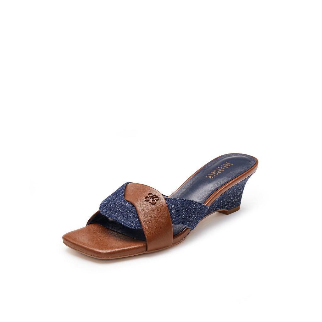 Denim and Calf Leather Wedge