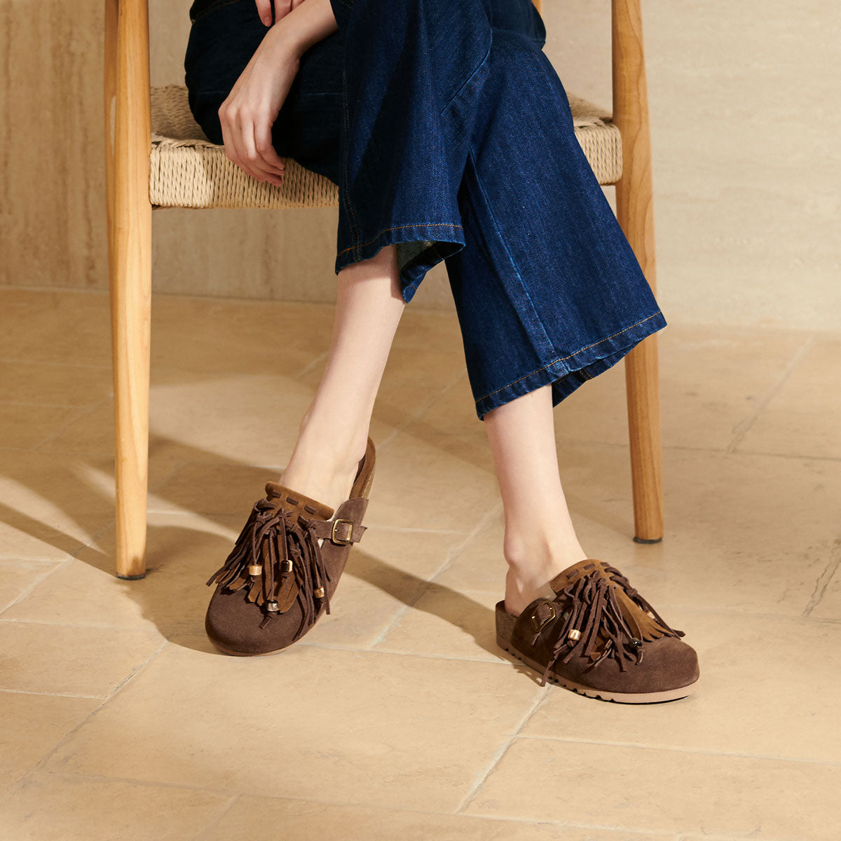Calf Split Mules with Fringes