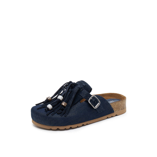 Denim Mules with Fringes