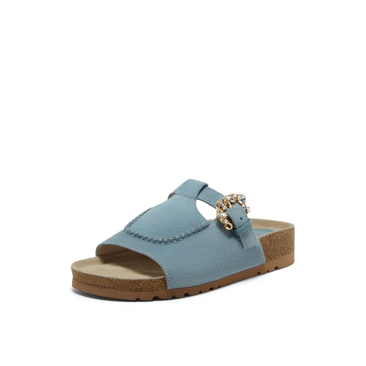 Embellished Buckle Calf Split Slippers