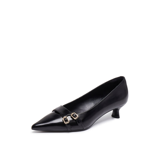 Double-buckle Oil Wax Leather Pump