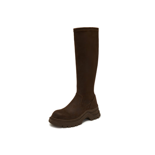 Brushed-off Stretch Fabric Chunky Long Boots