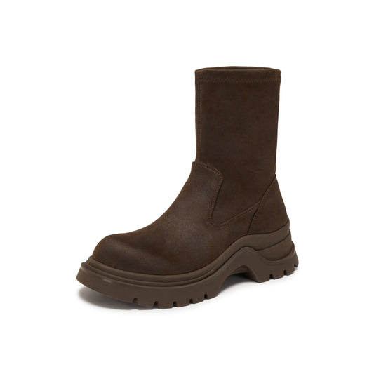 Brushed-off Stretch Fabric Chunky Short Boots