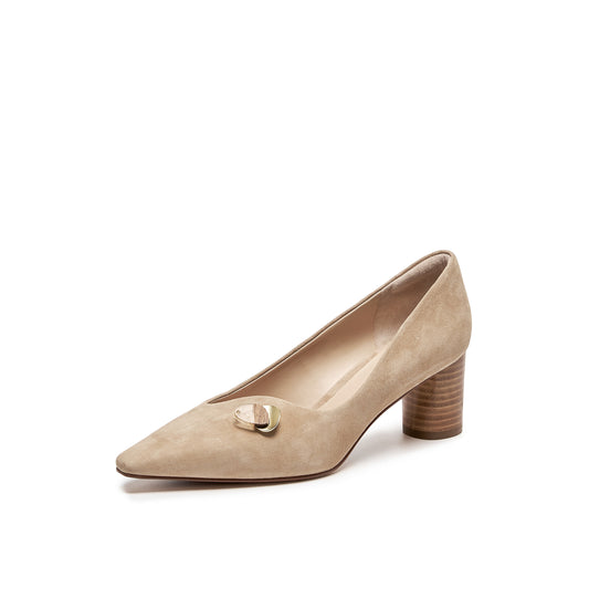 Asymmetrical Topline Mi-heel Pumps with Embellishment