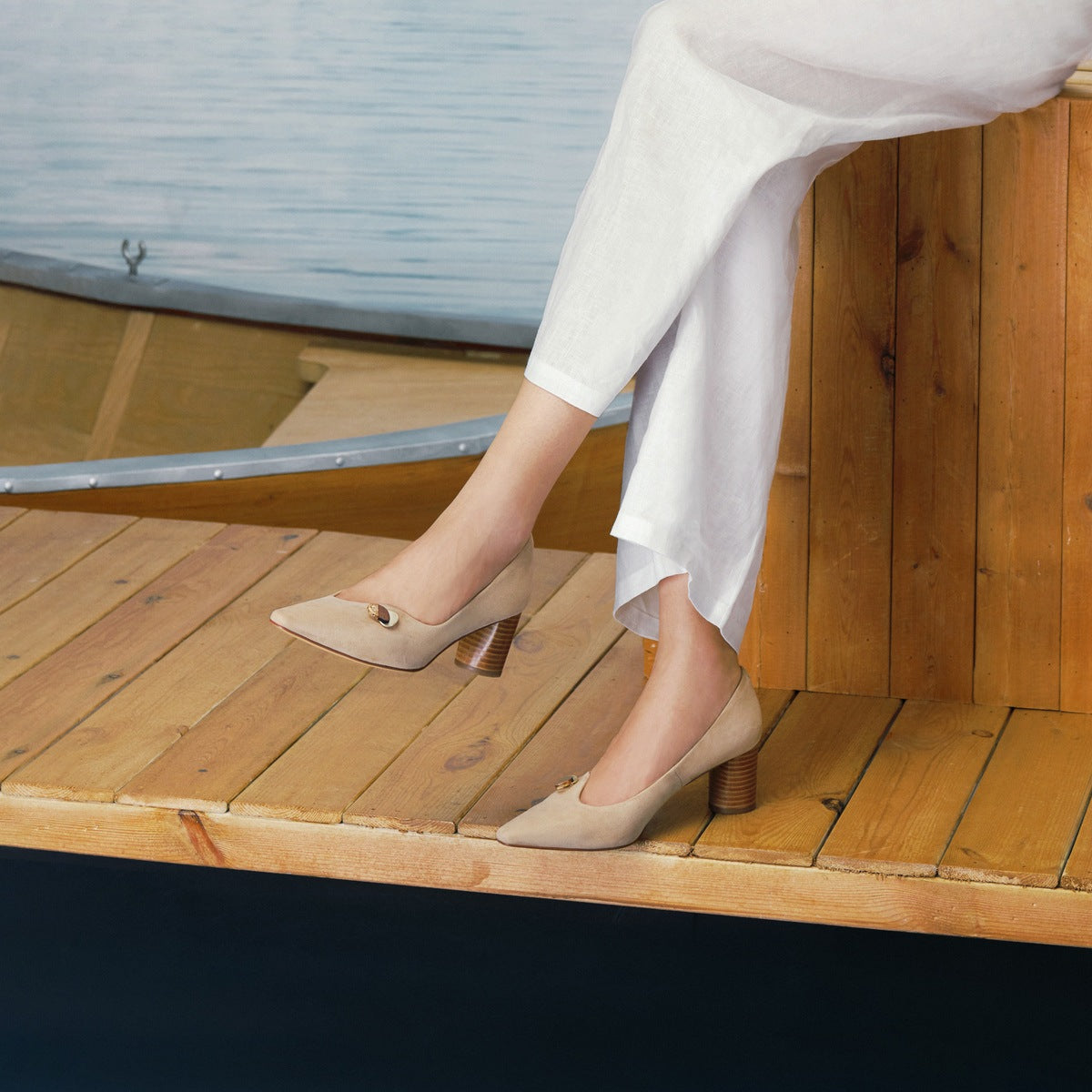 Asymmetrical Topline Mi-heel Pumps with Embellishment