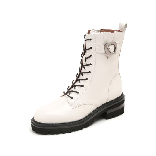 Metal Buckle Calf Leather Combat Boots