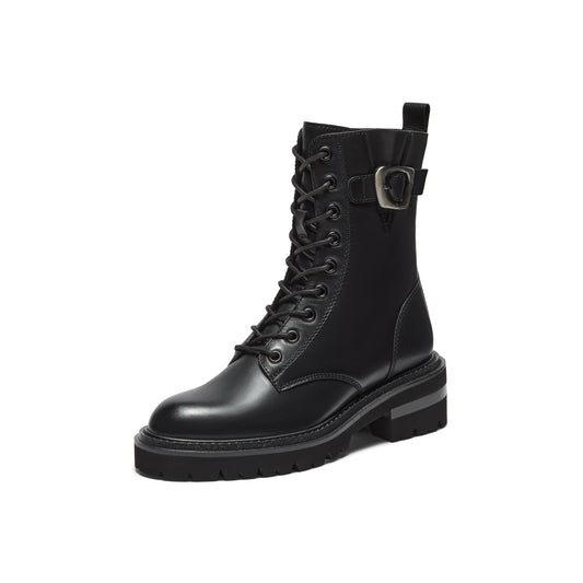 Metal Buckle Calf Leather Combat Boots