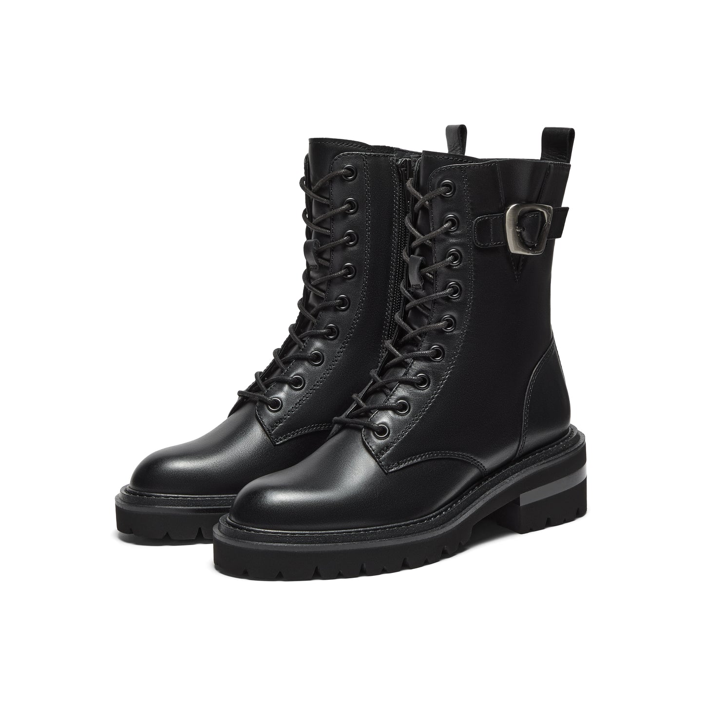 Metal Buckle Calf Leather Combat Boots