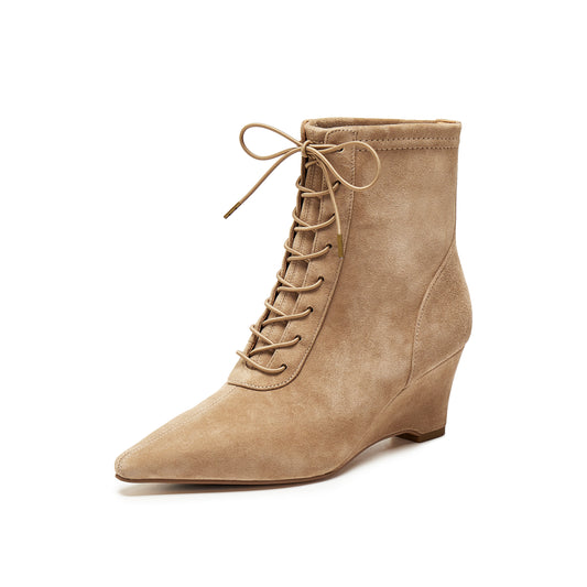 Stretch Kid Suede Wedge Short Boots