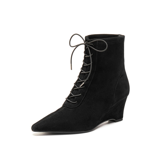 Stretch Kid Suede Wedge Short Boots