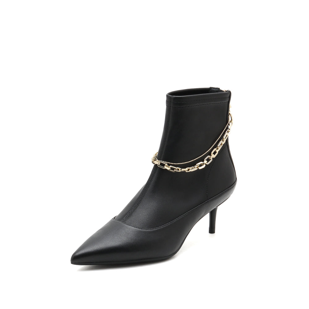 Stretch Leather Short Boots with Chain