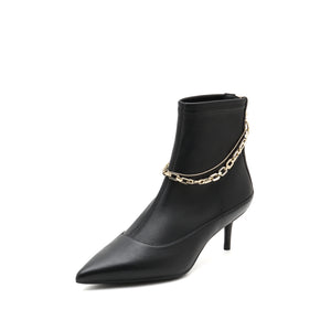 Stretch Leather Short Boots with Chain