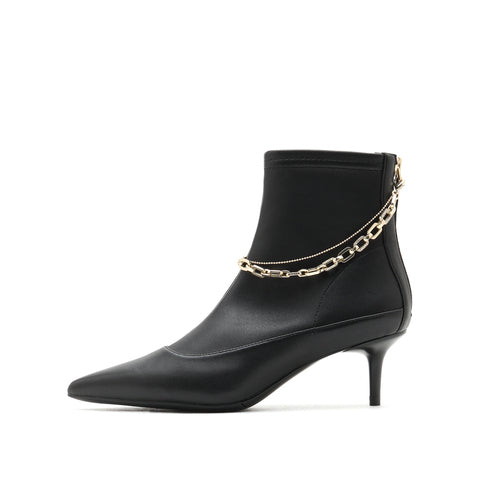 Stretch Leather Short Boots with Chain