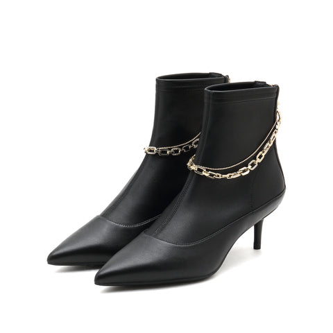 Stretch Leather Short Boots with Chain