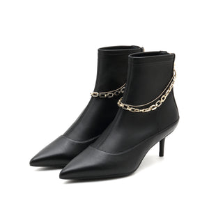 Stretch Leather Short Boots with Chain